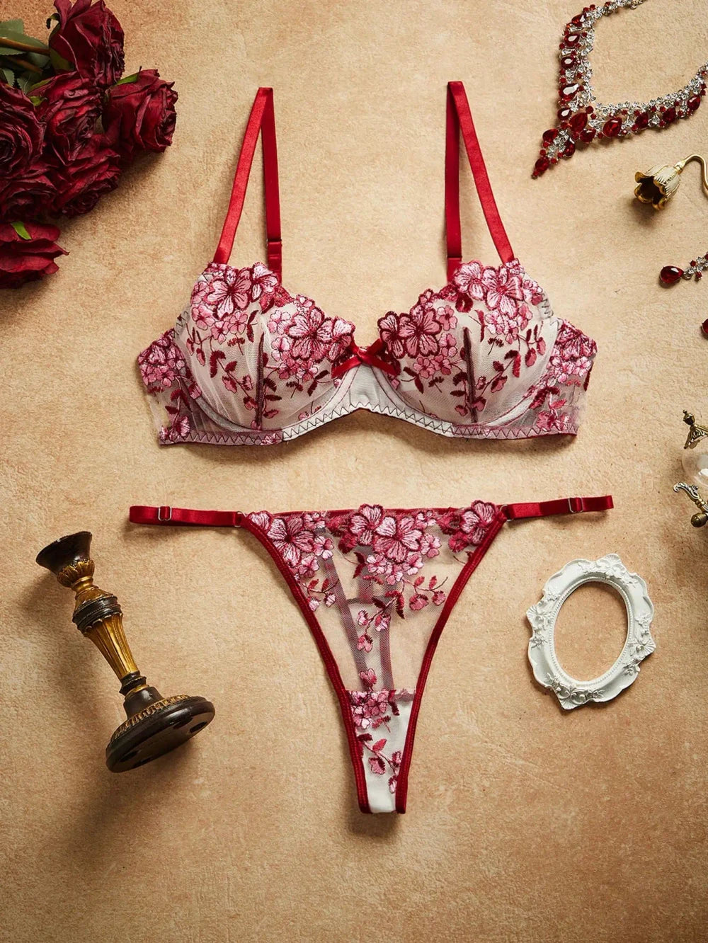 Floral Embroidery Lace Lingerie Set