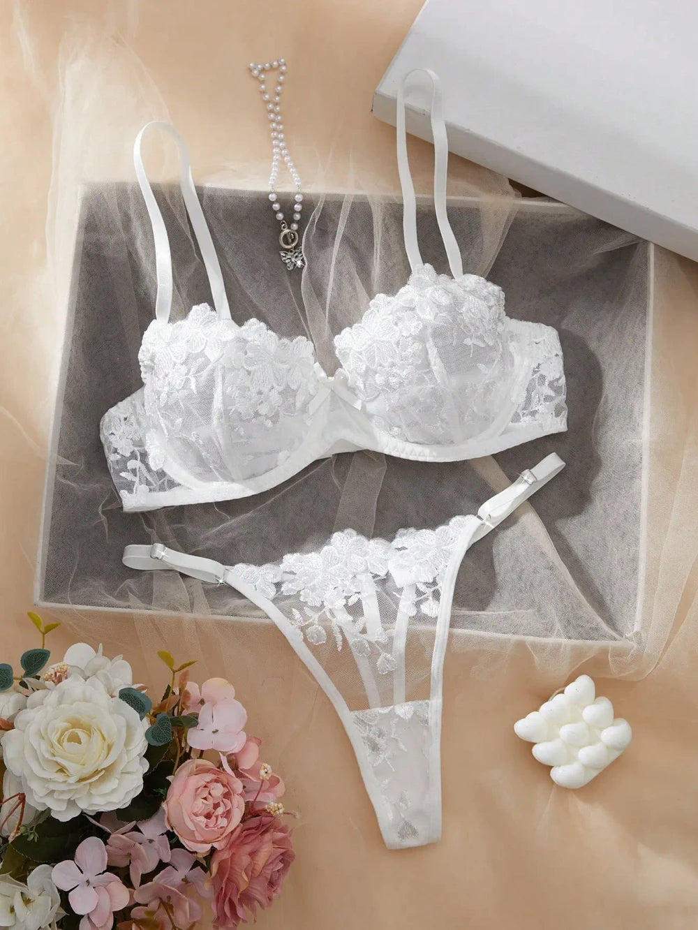 Floral Embroidery Lace Lingerie Set