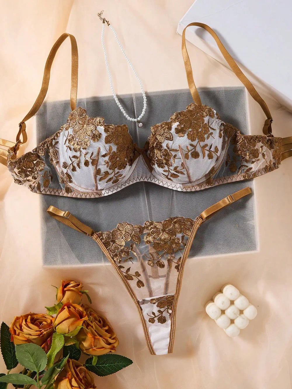 Floral Embroidery Lace Lingerie Set