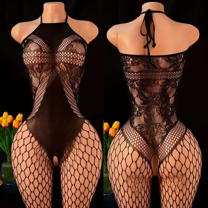 Lace Halter Crotchless Bodysuit