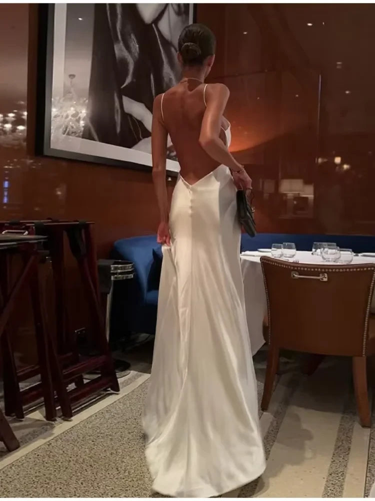 Satin Backless Sling Evening Dress