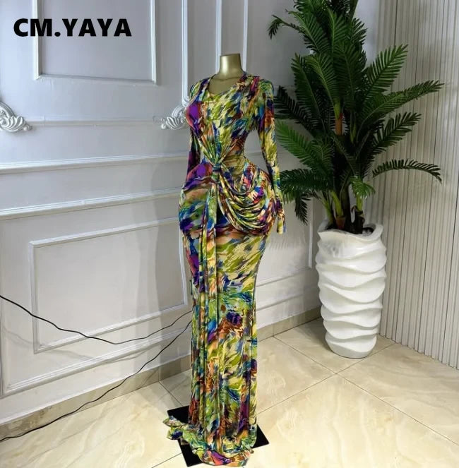 Ruched Ribbon Printed Maxi Dress