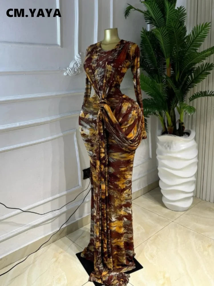 Ruched Ribbon Printed Maxi Dress