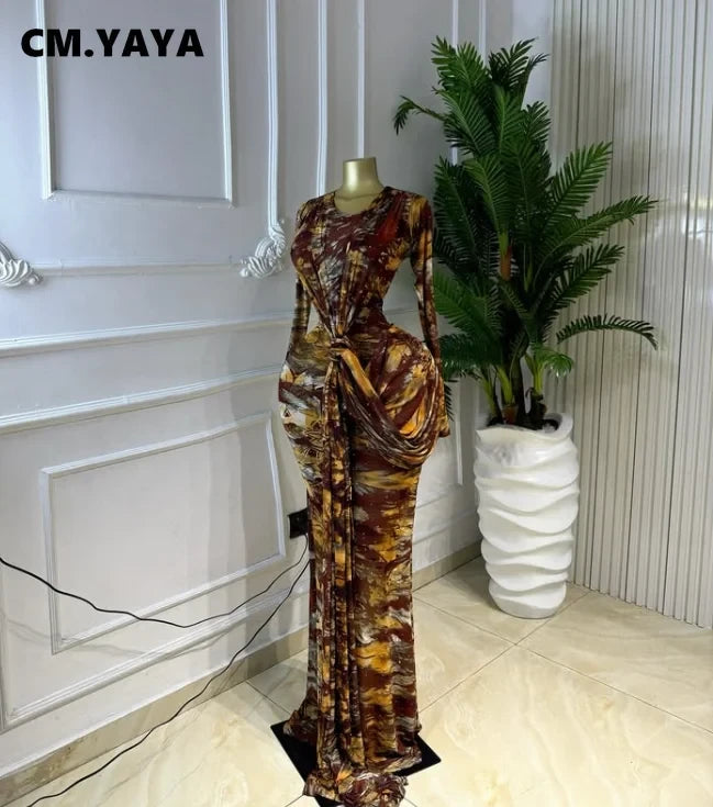 Ruched Ribbon Printed Maxi Dress
