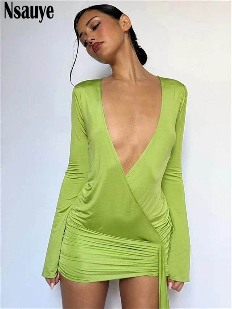 Ribbon Detail V-Neck Bodycon Mini Dress