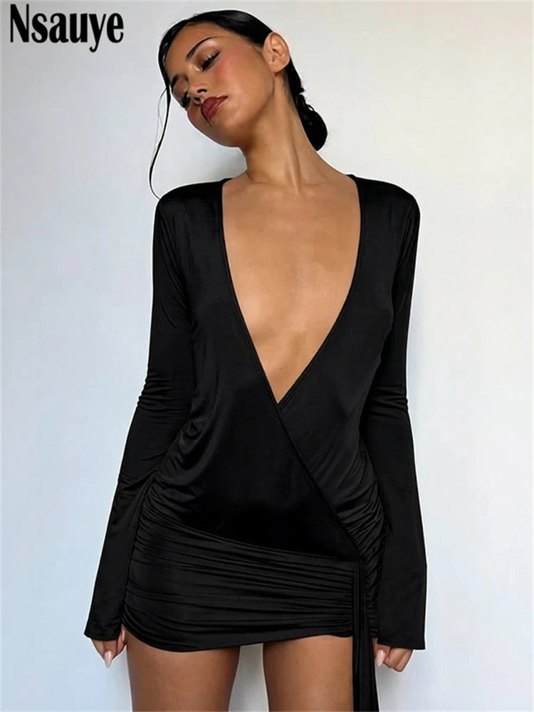 Ribbon Detail V-Neck Bodycon Mini Dress