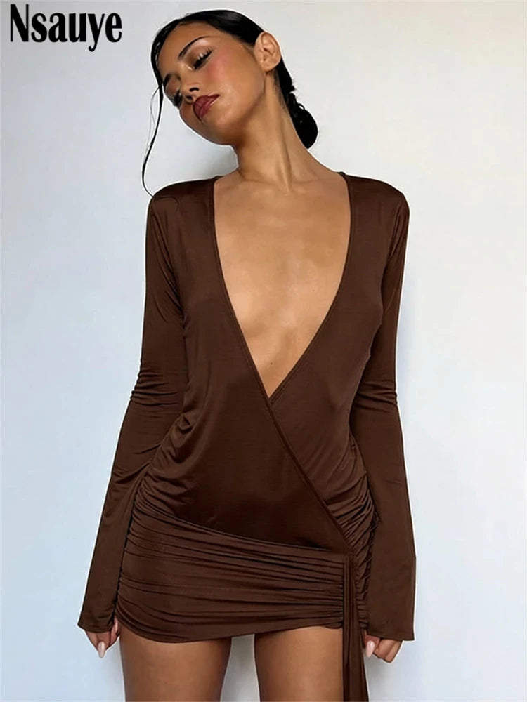 Ribbon Detail V-Neck Bodycon Mini Dress