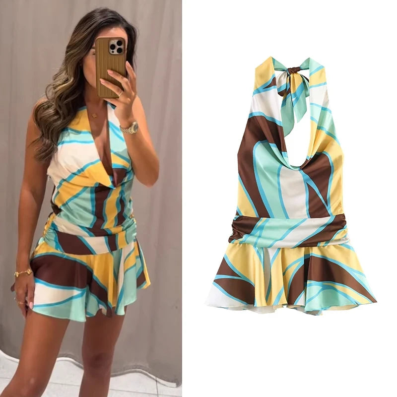 Satin Printed Halter Mini Dress
