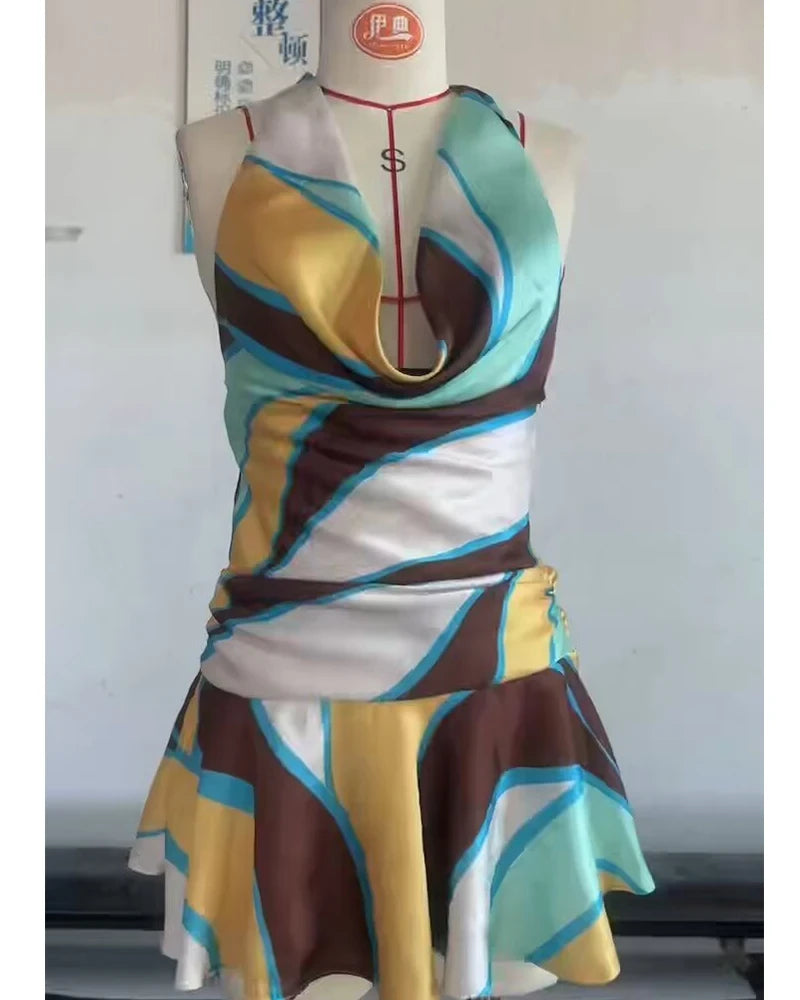 Satin Printed Halter Mini Dress