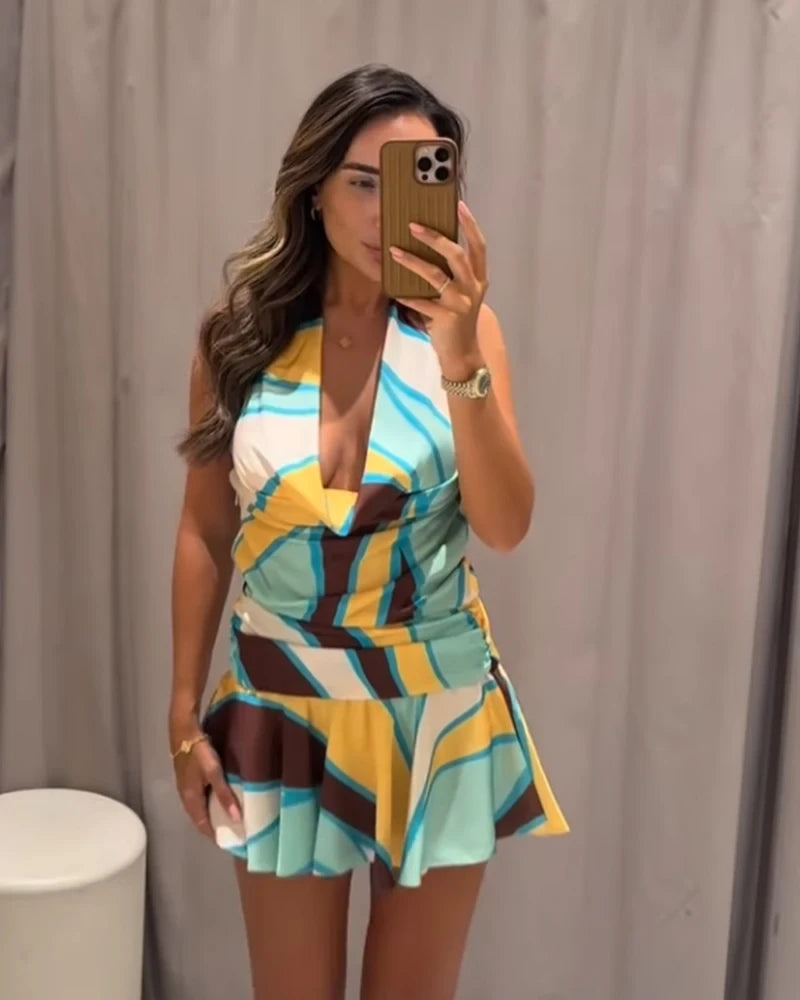 Satin Printed Halter Mini Dress