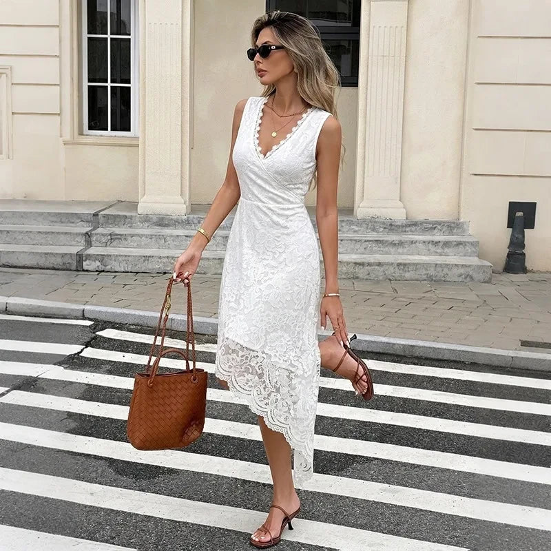 Elegant White Lace High Low Dress