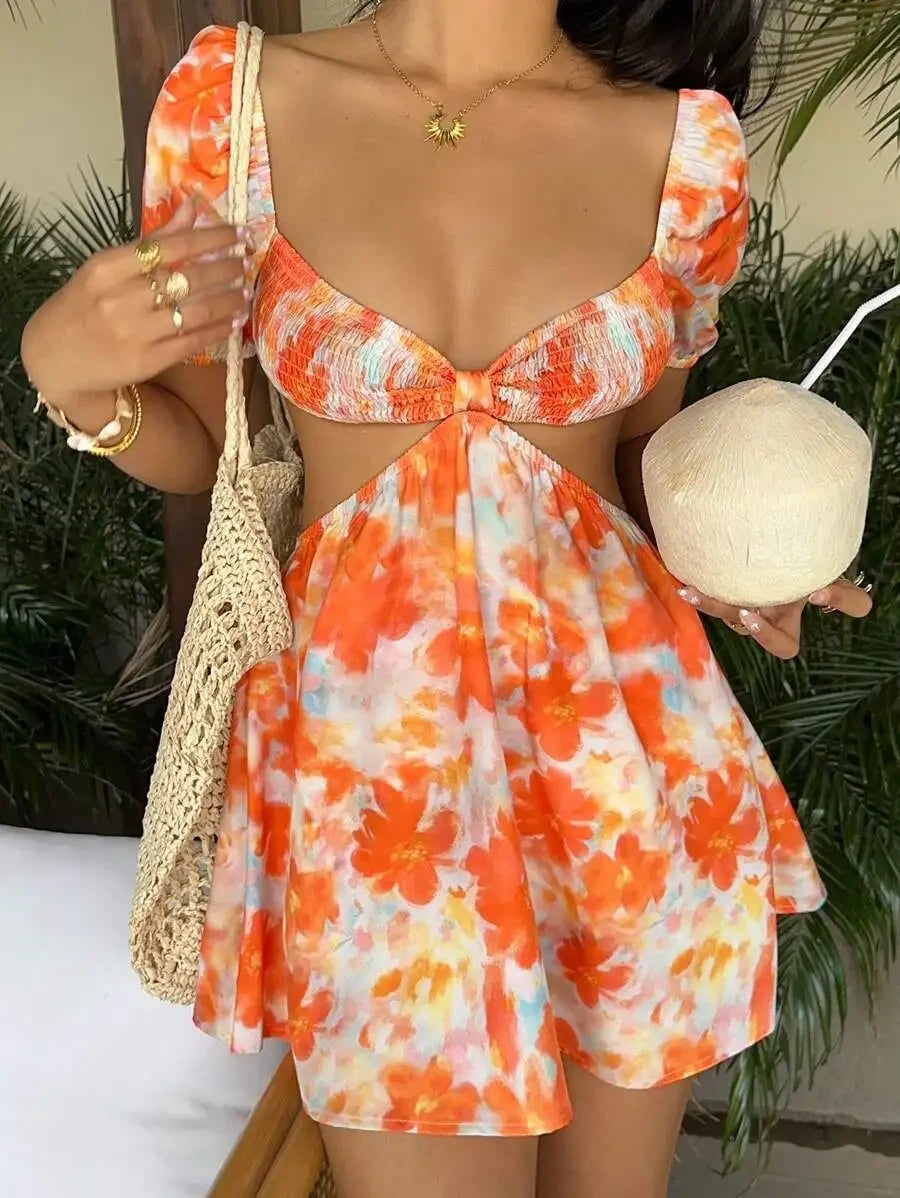Floral Tie-Dye Puff Sleeve Mini Dress