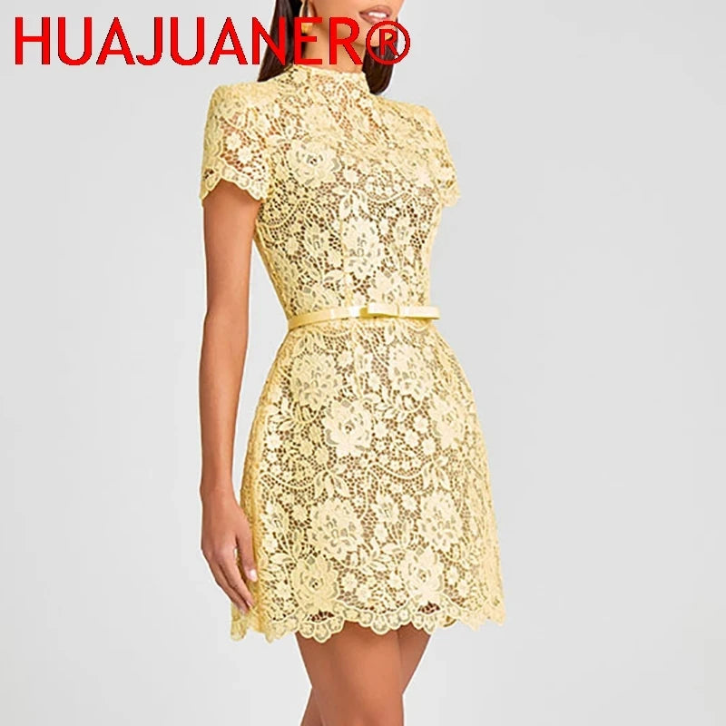 Yellow Lace A-Line Cocktail Dress