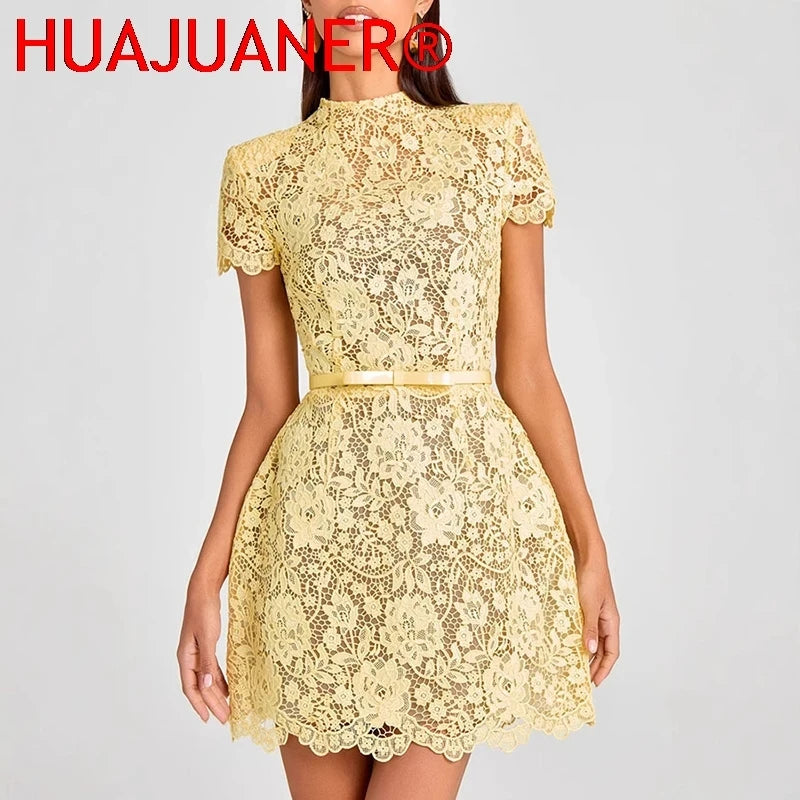 Yellow Lace A-Line Cocktail Dress