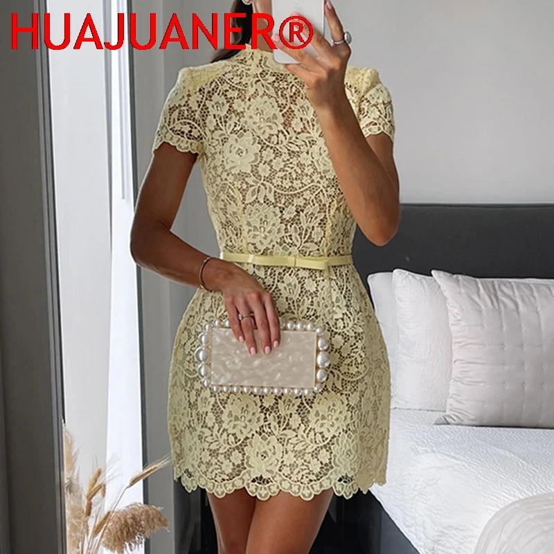 Yellow Lace A-Line Cocktail Dress