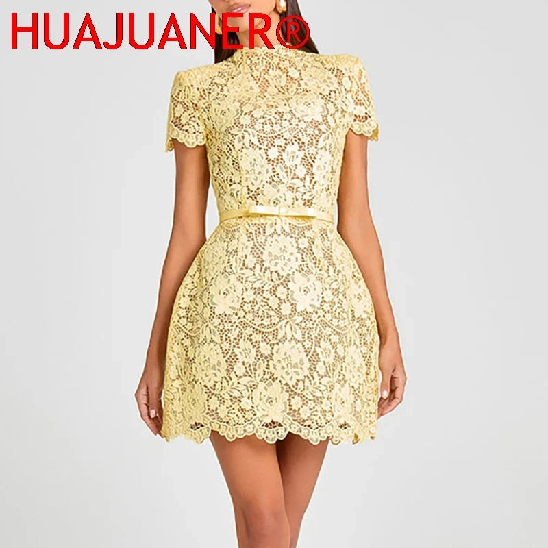 Yellow Lace A-Line Cocktail Dress
