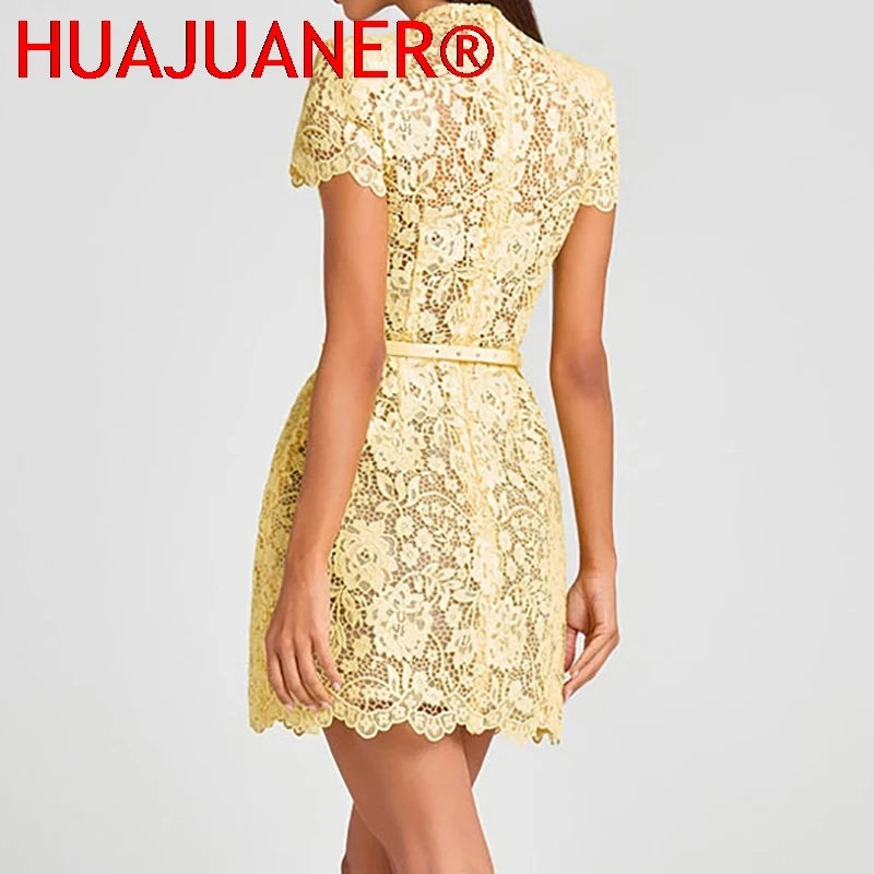 Yellow Lace A-Line Cocktail Dress