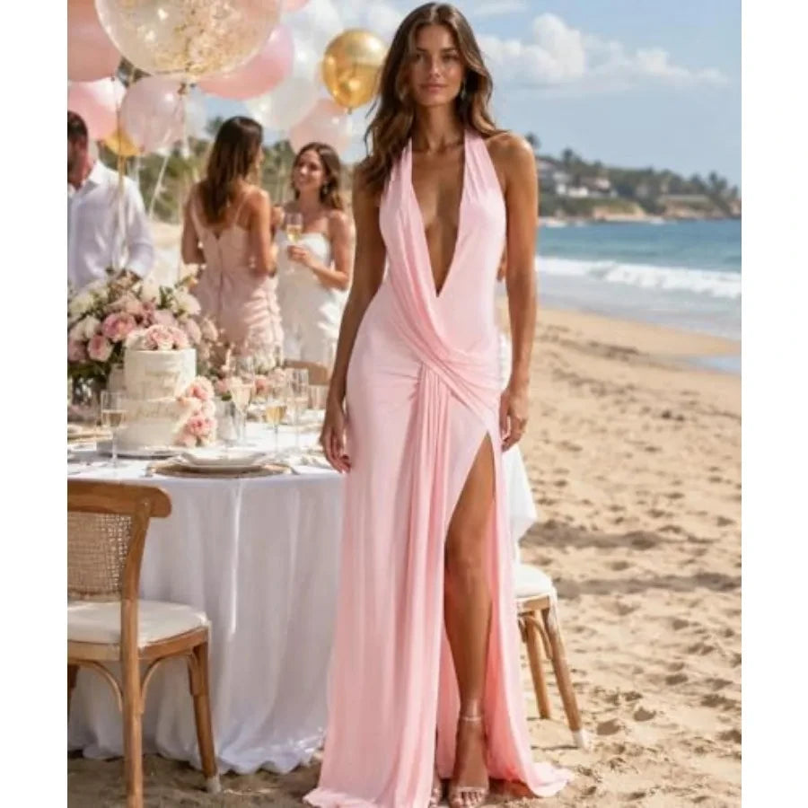 Chiffon Halter Maxi Wedding Guest Dress