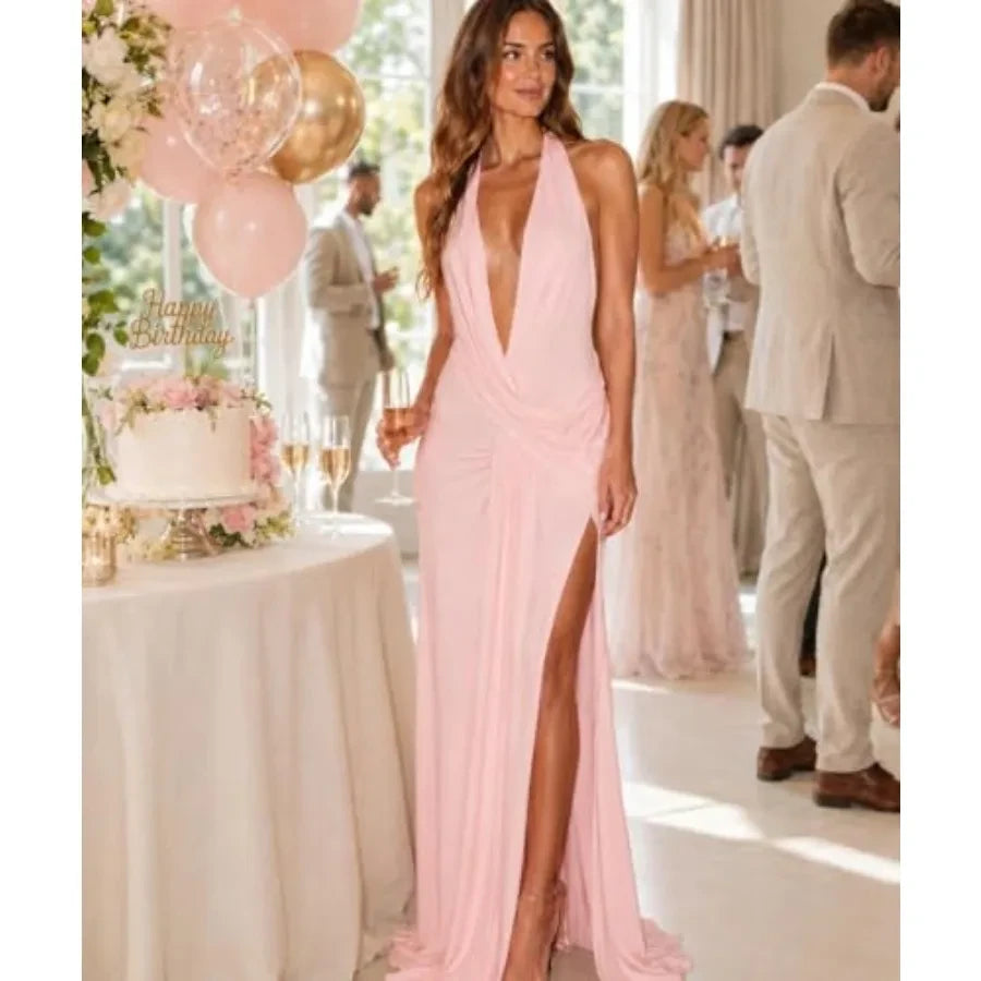 Chiffon Halter Maxi Wedding Guest Dress