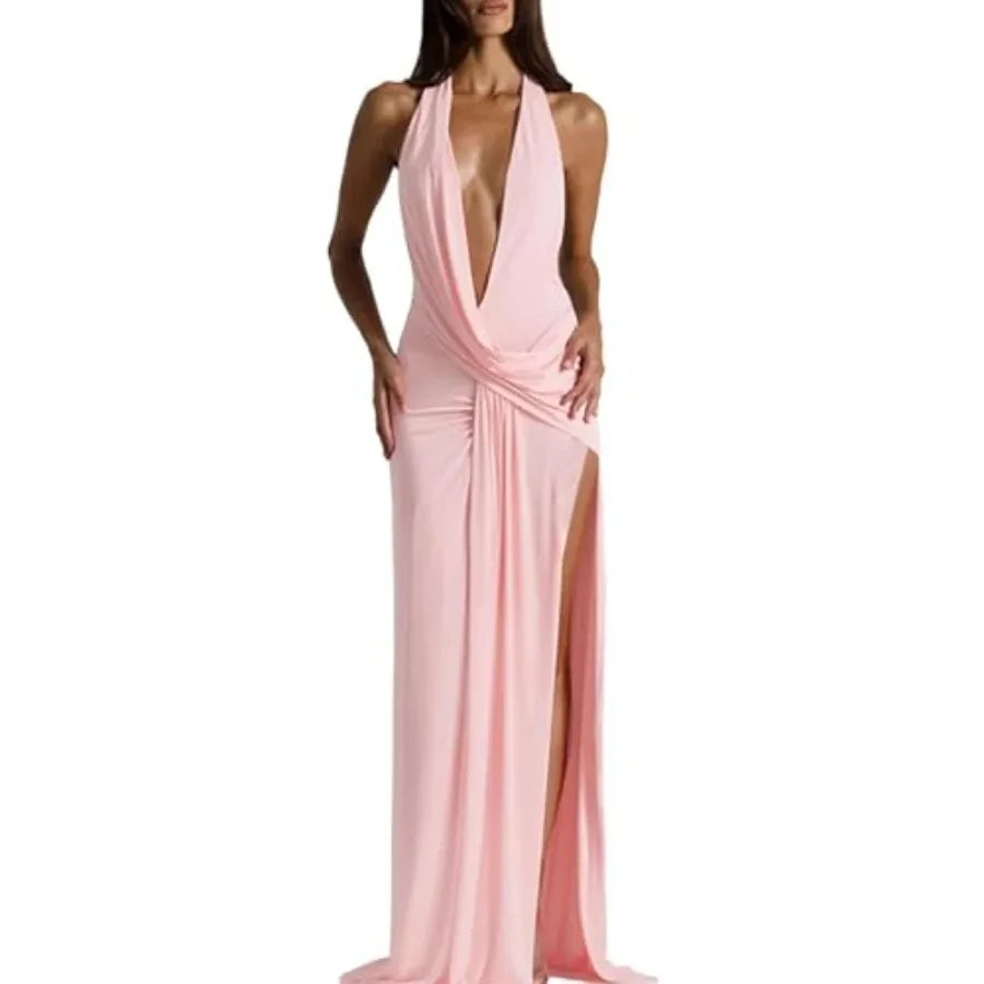 Chiffon Halter Maxi Wedding Guest Dress