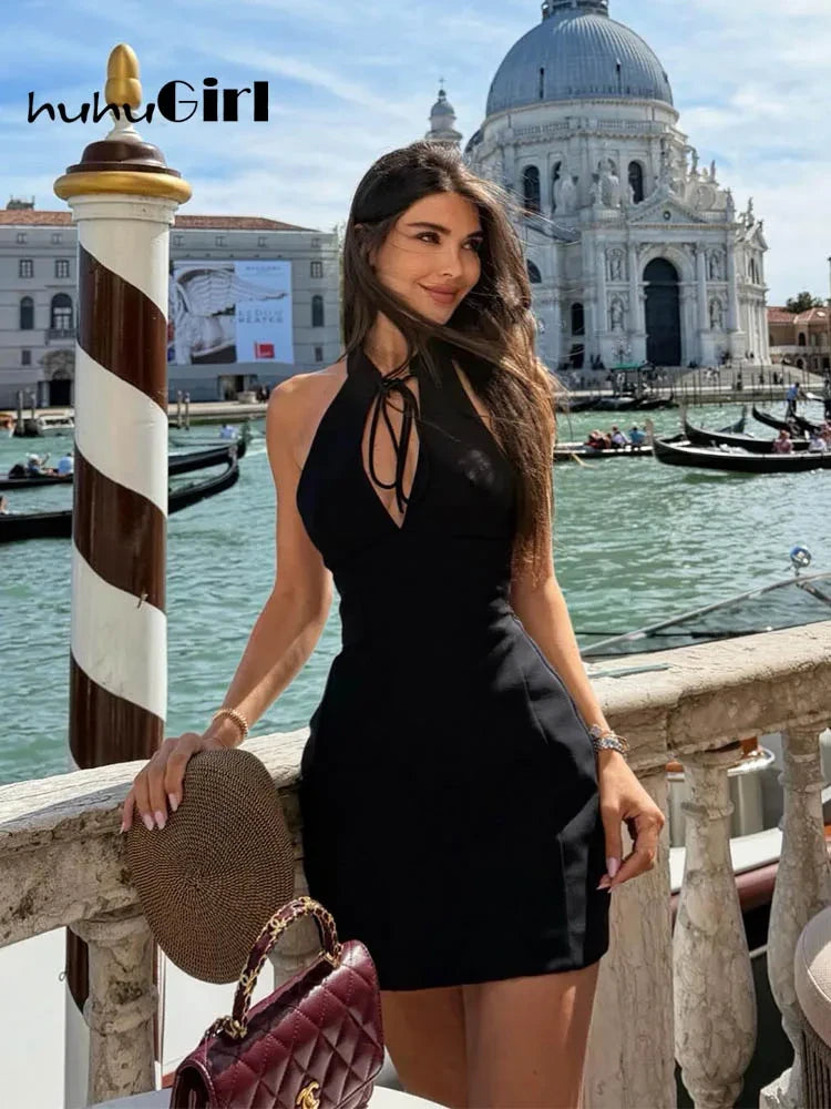 Solid Slim Lace-Up Mini Dress