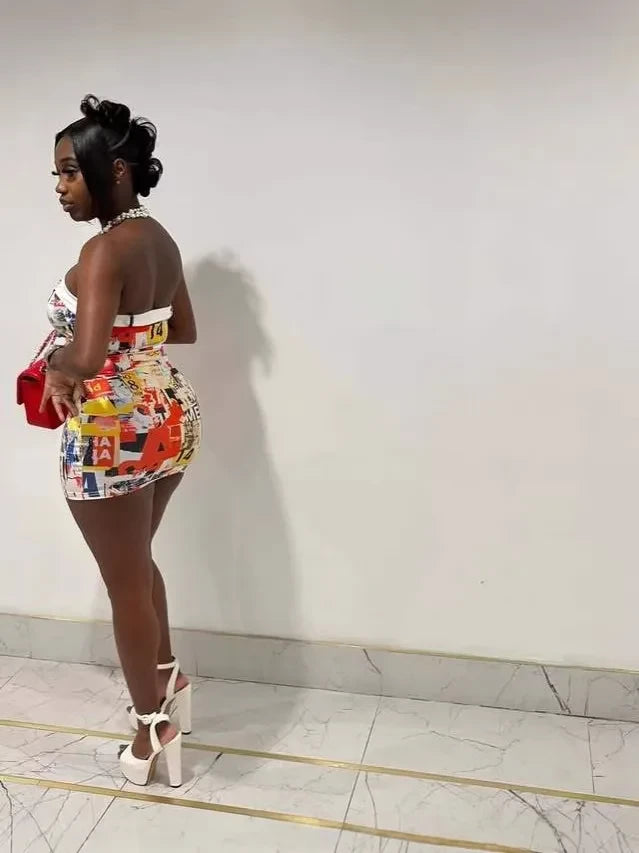 Letter Print Strapless Mini Dress