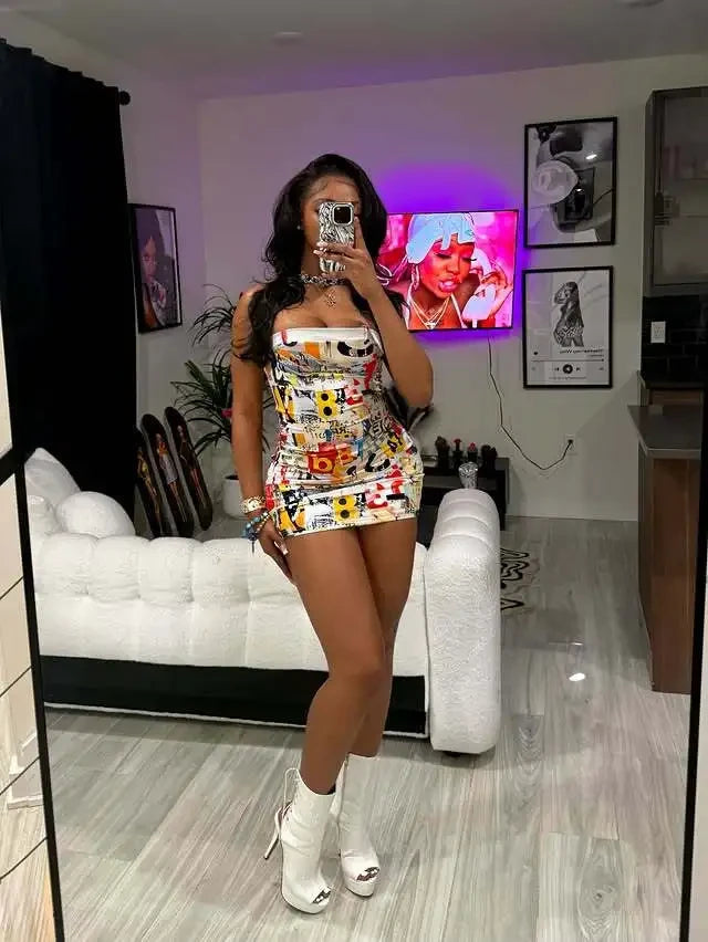 Letter Print Strapless Mini Dress