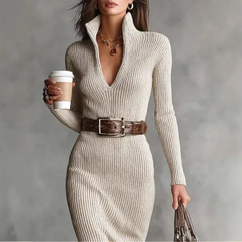 Ribbed Knitted V-Neck Dress