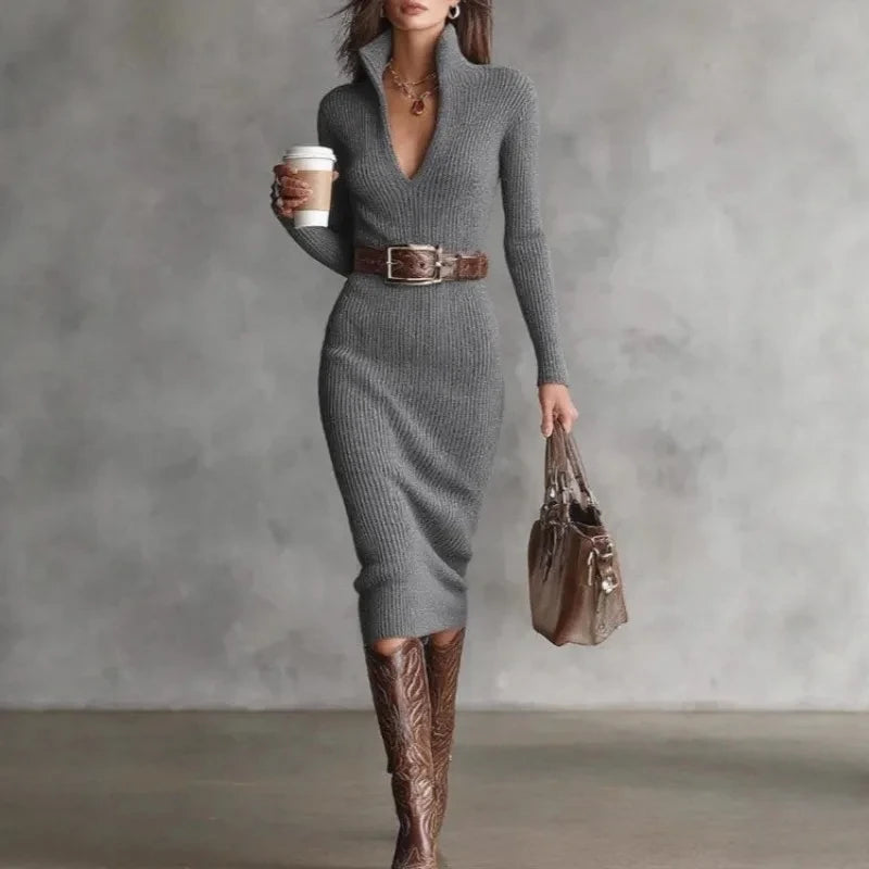 Ribbed Knitted V-Neck Dress
