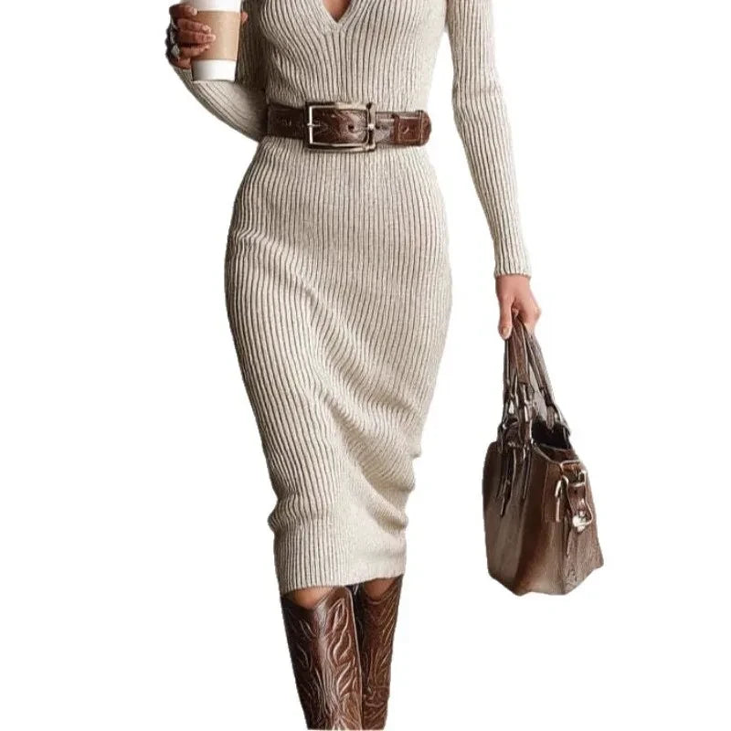 Ribbed Knitted V-Neck Dress
